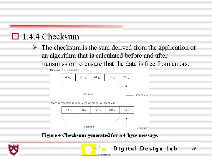 o 1. 4. 4 Checksum Ø The checksum is the sum derived from the