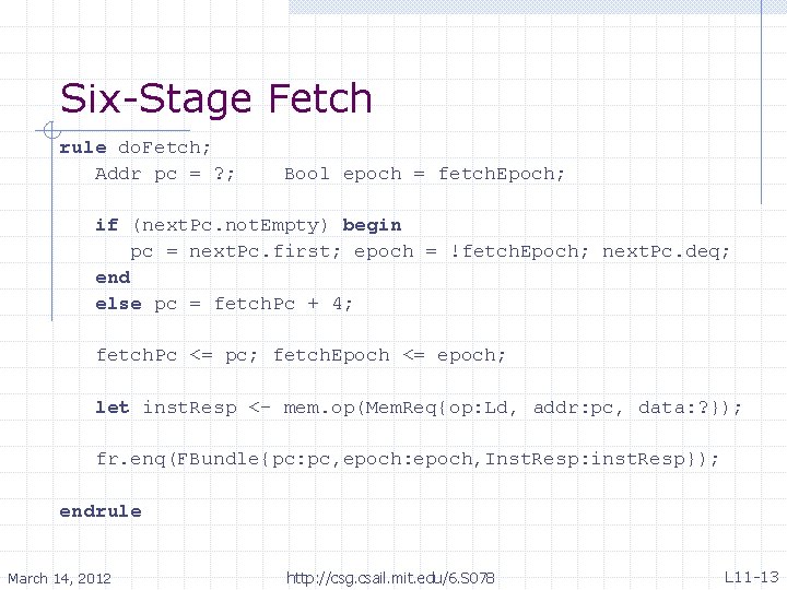 Six-Stage Fetch rule do. Fetch; Addr pc = ? ; Bool epoch = fetch.
