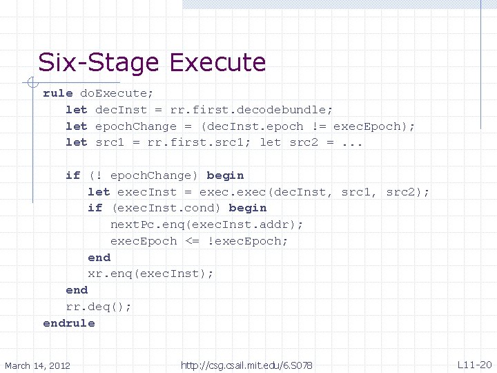 Six-Stage Execute rule do. Execute; let dec. Inst = rr. first. decodebundle; let epoch.