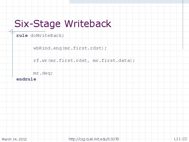 Six-Stage Writeback rule do. Write. Back; wb. Rind. enq(mr. first. rdst); rf. wr(mr. first.