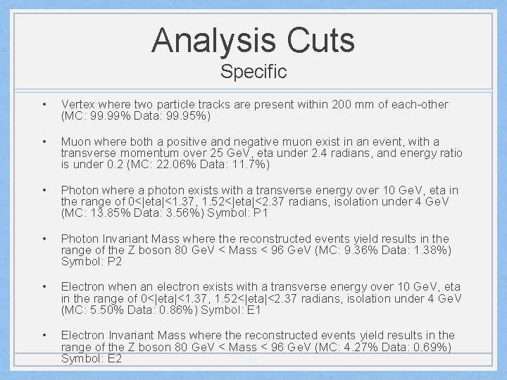 Analysis Cuts Specific • Vertex where two particle tracks are present within 200 mm
