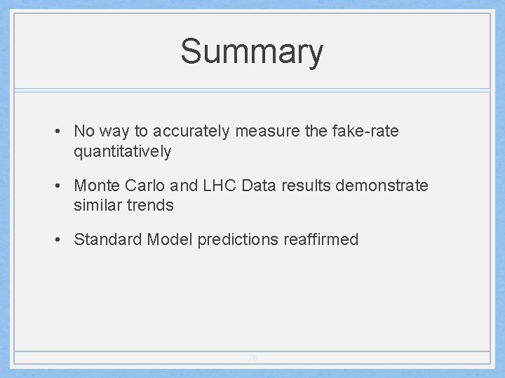 Summary • No way to accurately measure the fake-rate quantitatively • Monte Carlo and