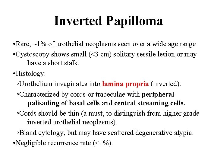 Inverted Papilloma • Rare, ~1% of urothelial neoplasms seen over a wide age range