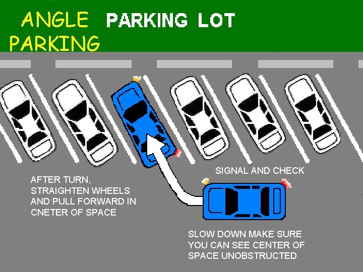 ANGLE PARKING AFTER TURN, STRAIGHTEN WHEELS AND PULL FORWARD IN CNETER OF SPACE SIGNAL