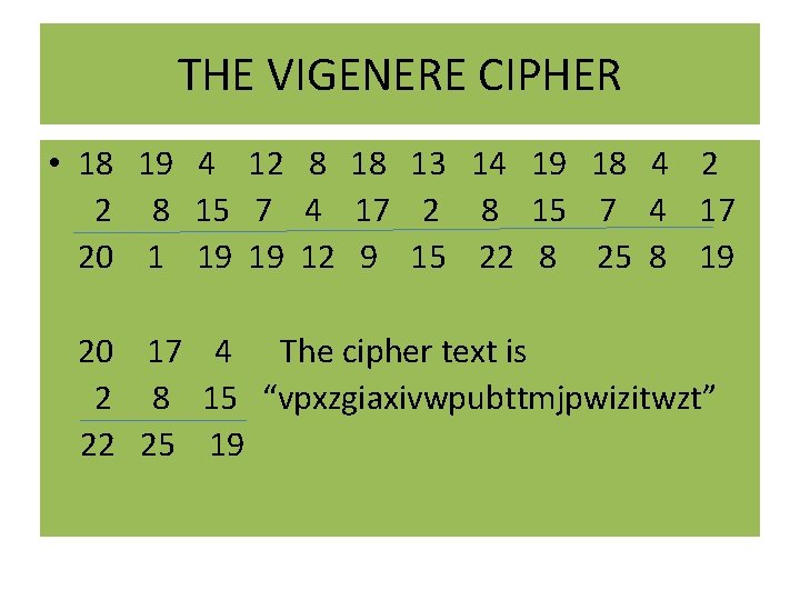 THE VIGENERE CIPHER • 18 19 4 12 8 18 13 14 19 18