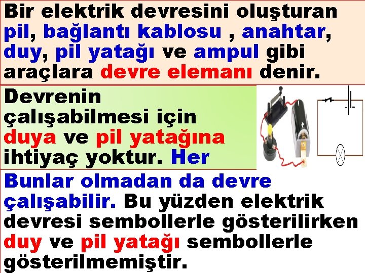 Bir elektrik devresini oluşturan pil, bağlantı kablosu , anahtar, duy, pil yatağı ve ampul