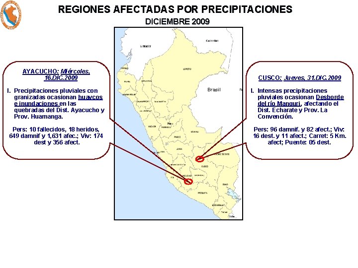 REGIONES AFECTADAS POR PRECIPITACIONES DICIEMBRE 2009 AYACUCHO: Miércoles, 16. DIC. 2009 I. Precipitaciones pluviales