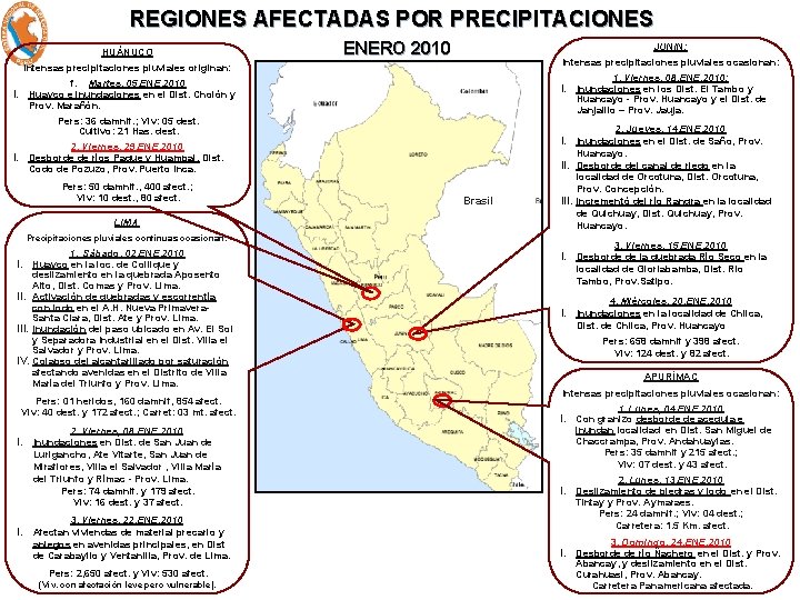 REGIONES AFECTADAS POR PRECIPITACIONES HUÁNUCO ENERO 2010 JUNIN: Intensas precipitaciones pluviales ocasionan: Intensas precipitaciones