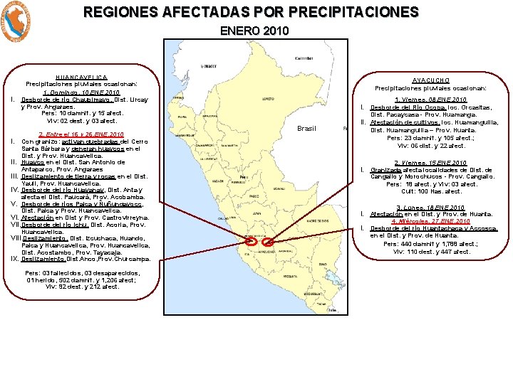 REGIONES AFECTADAS POR PRECIPITACIONES ENERO 2010 HUANCAVELICA Precipitaciones pluviales ocasionan: 1. Domingo, 10. ENE.