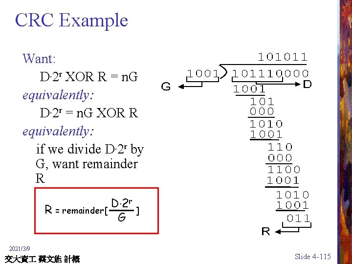 CRC Example Want: D. 2 r XOR R = n. G equivalently: D. 2