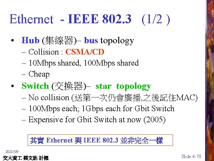 Ethernet - IEEE 802. 3 (1/2 ) • Hub (集線器)– bus topology – Collision