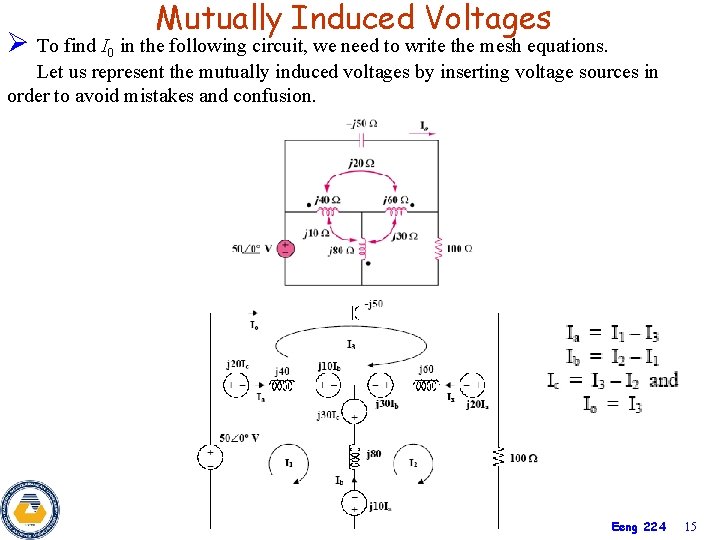 Mutually Induced Voltages Ø To find I 0 in the following circuit, we need