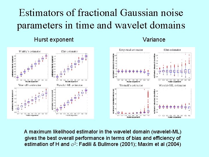 Estimators of fractional Gaussian noise parameters in time and wavelet domains Hurst exponent Variance