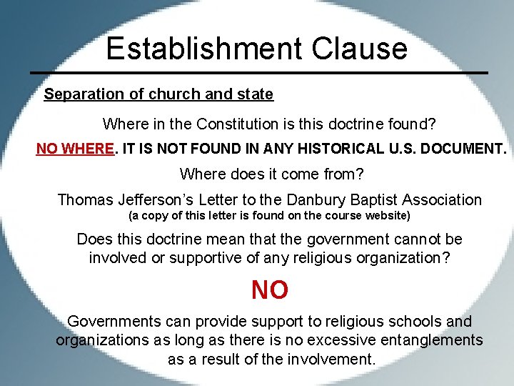 Establishment Clause Separation of church and state Where in the Constitution is this doctrine