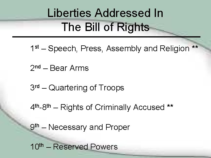 Liberties Addressed In The Bill of Rights 1 st – Speech, Press, Assembly and