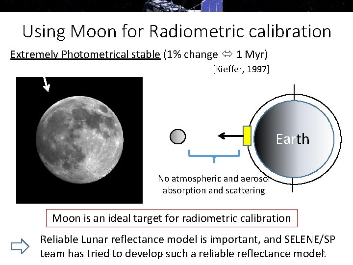 Using Moon for Radiometric calibration Extremely Photometrical stable (1% change 1 Myr) [Kieffer, 1997]