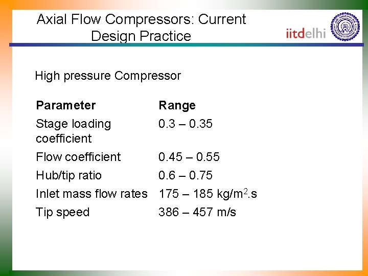 Axial Flow Compressors: Current Design Practice High pressure Compressor Parameter Stage loading coefficient Flow