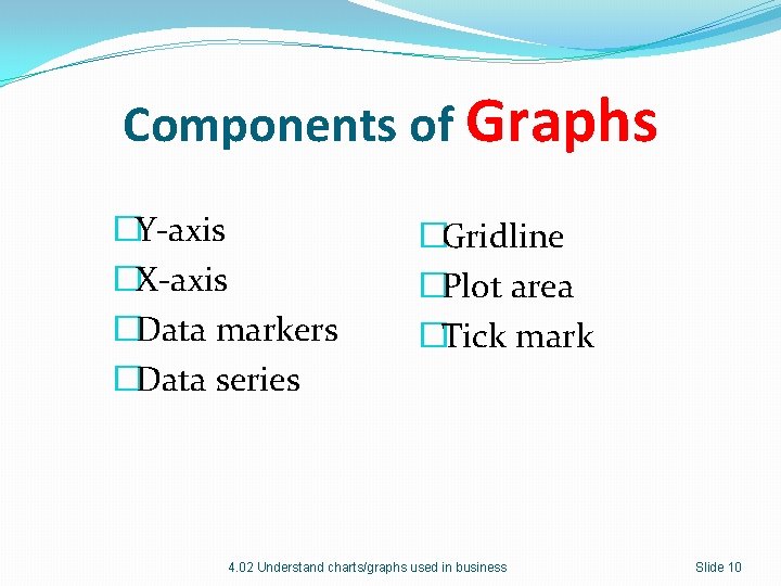 Components of Graphs �Y-axis �X-axis �Data markers �Data series �Gridline �Plot area �Tick mark