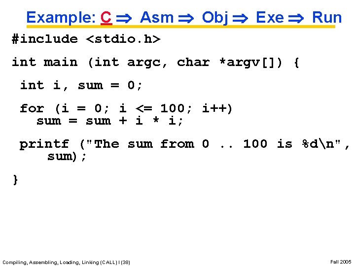 Example: C Asm Obj Exe Run #include <stdio. h> int main (int argc, char