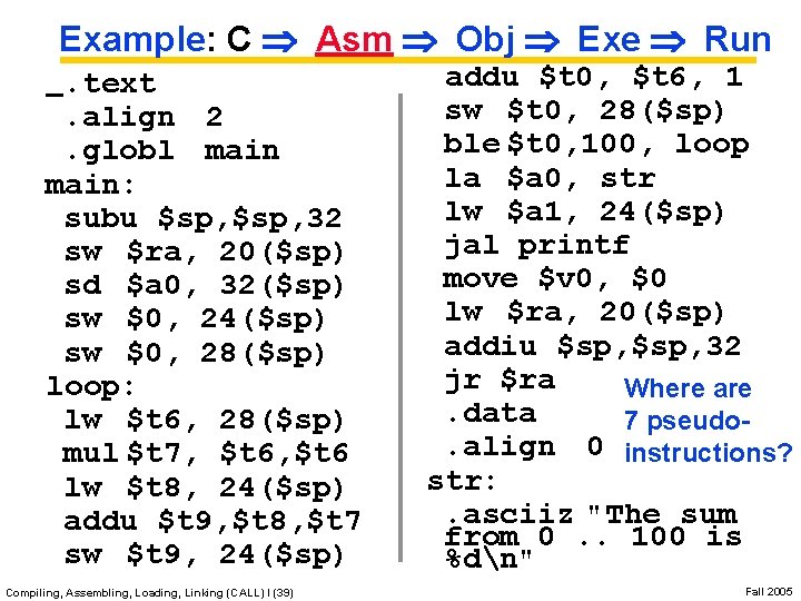 Example: C Asm Obj Exe Run. text. align 2. globl main: subu $sp, 32