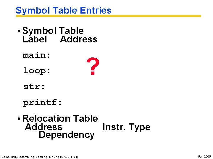 Symbol Table Entries • Symbol Table Label Address main: loop: ? str: printf: •