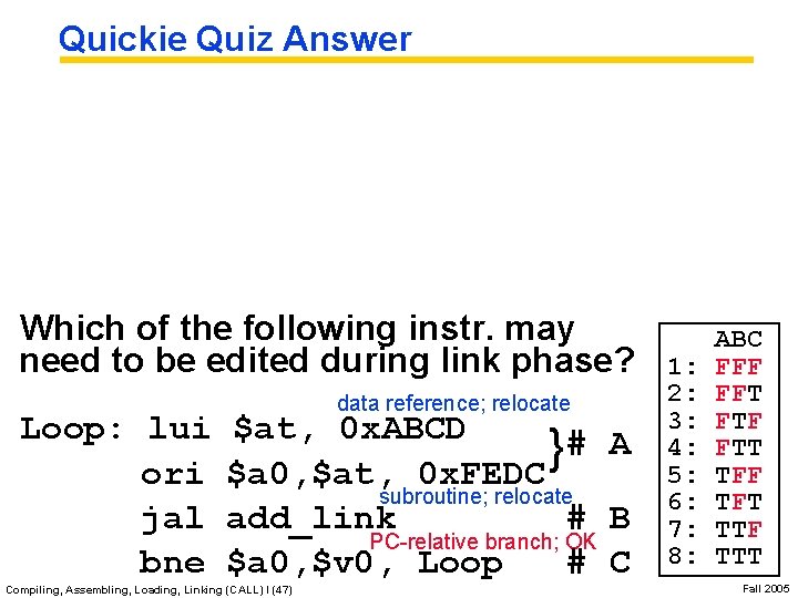 Quickie Quiz Answer Which of the following instr. may need to be edited during