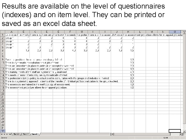 Results are available on the level of questionnaires (indexes) and on item level. They