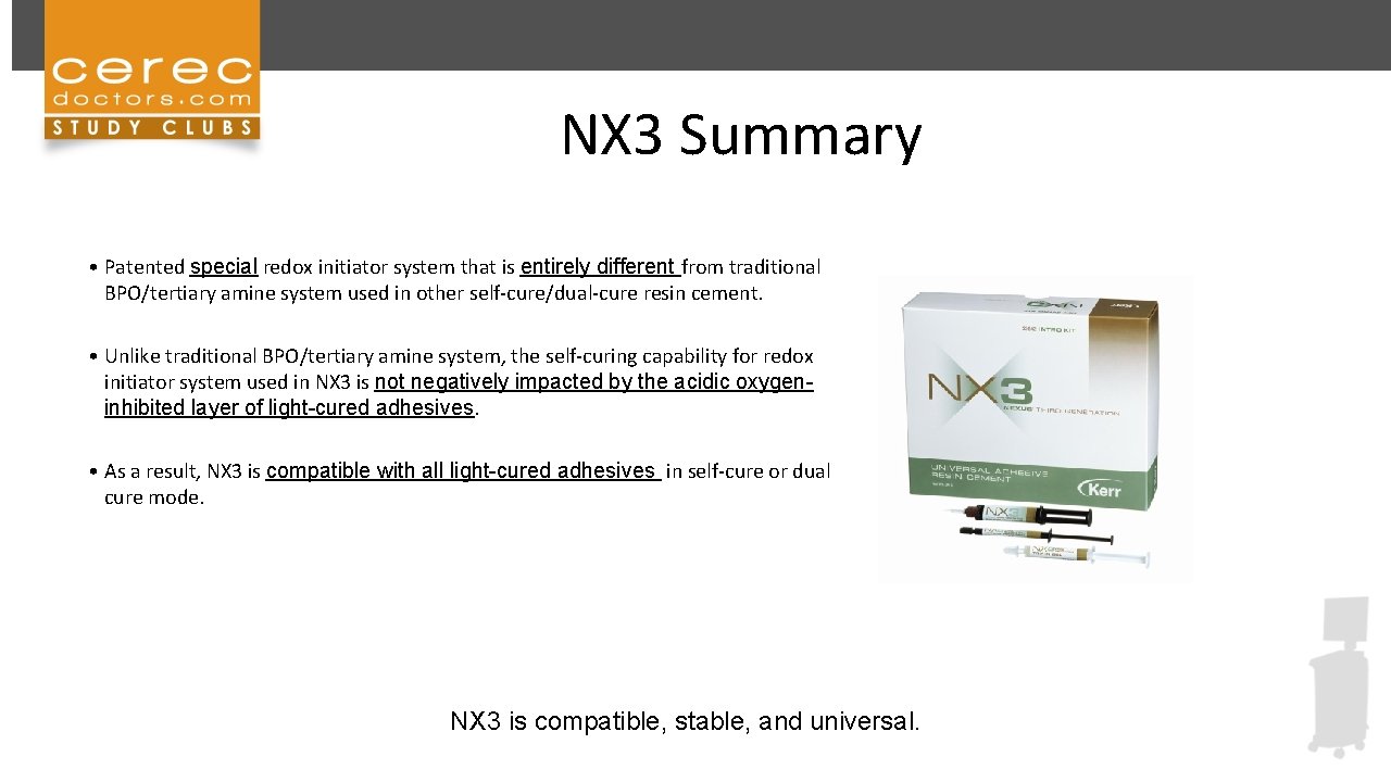 NX 3 Summary • Patented special redox initiator system that is entirely different from