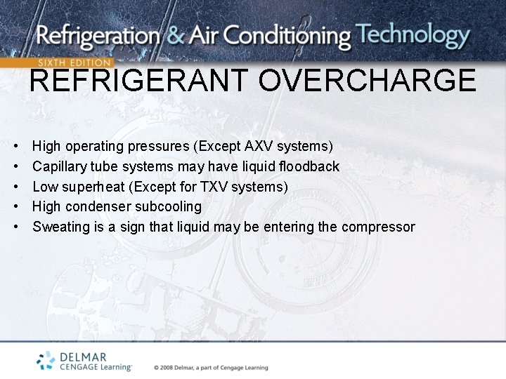 REFRIGERANT OVERCHARGE • • • High operating pressures (Except AXV systems) Capillary tube systems