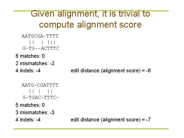 Given alignment, it is trivial to compute alignment score AATGCGA-TTTT || | ||| G-TG--ACTTTC