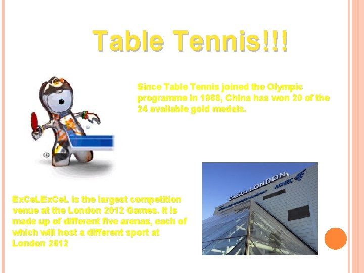 Table Tennis!!! Since Table Tennis joined the Olympic programme in 1988, China has won