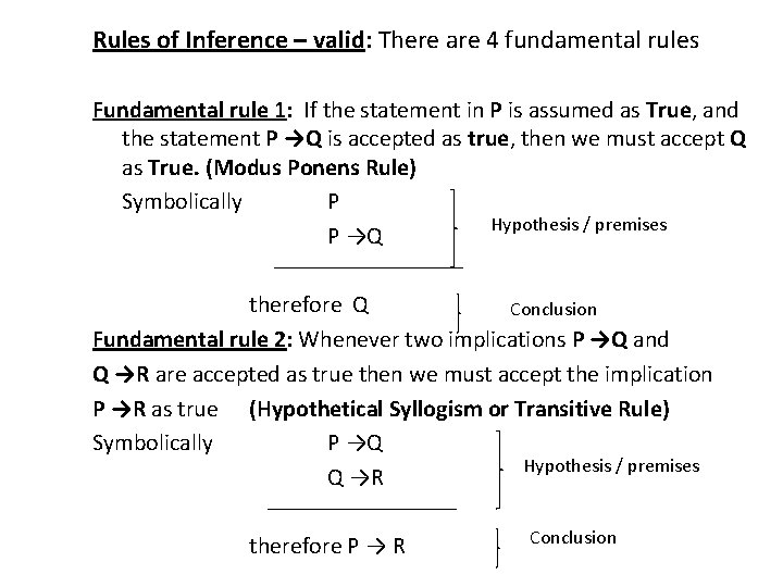 Rules of Inference – valid: There are 4 fundamental rules Fundamental rule 1: If