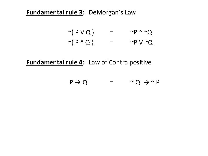 Fundamental rule 3: De. Morgan’s Law ~( P V Q ) ~( P ^