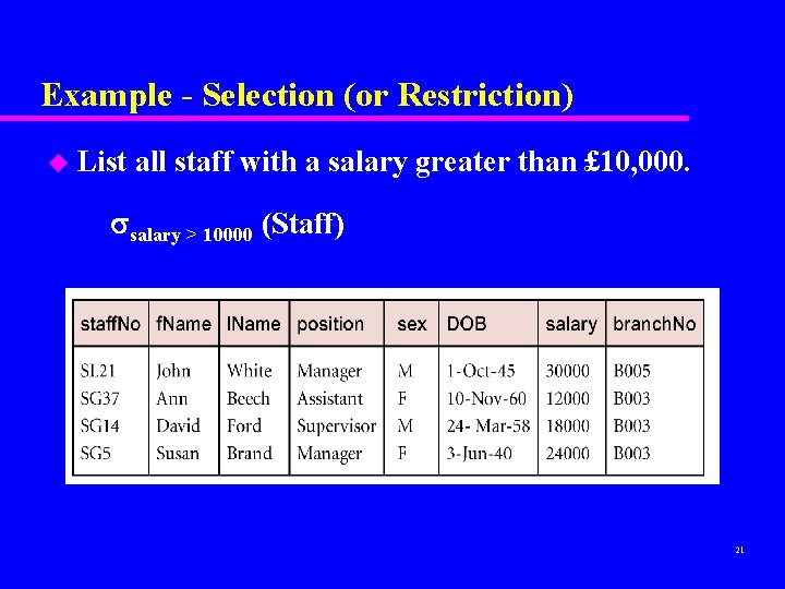 Example - Selection (or Restriction) u List all staff with a salary greater than Example - Selection (or Restriction) u List all staff with a salary greater than