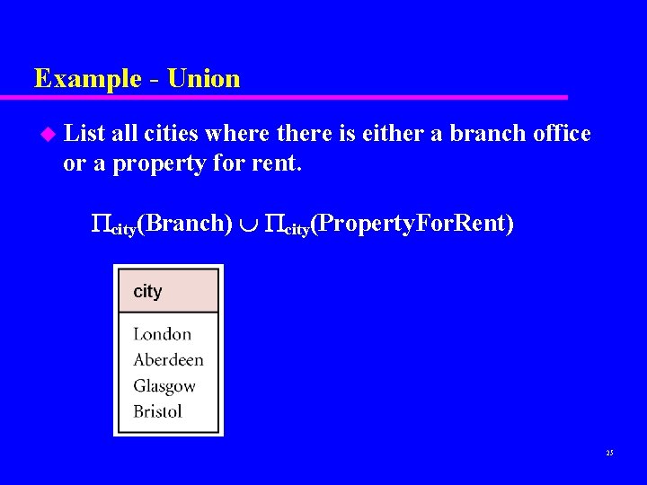 Example - Union u List all cities where there is either a branch office Example - Union u List all cities where there is either a branch office