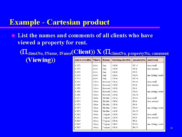 Example - Cartesian product u List the names and comments of all clients who