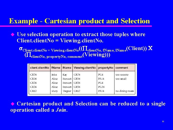 Example - Cartesian product and Selection u Use selection operation to extract those tuples Example - Cartesian product and Selection u Use selection operation to extract those tuples