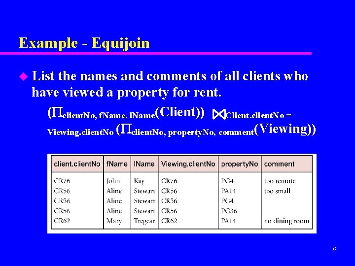 Example - Equijoin u List the names and comments of all clients who have Example - Equijoin u List the names and comments of all clients who have