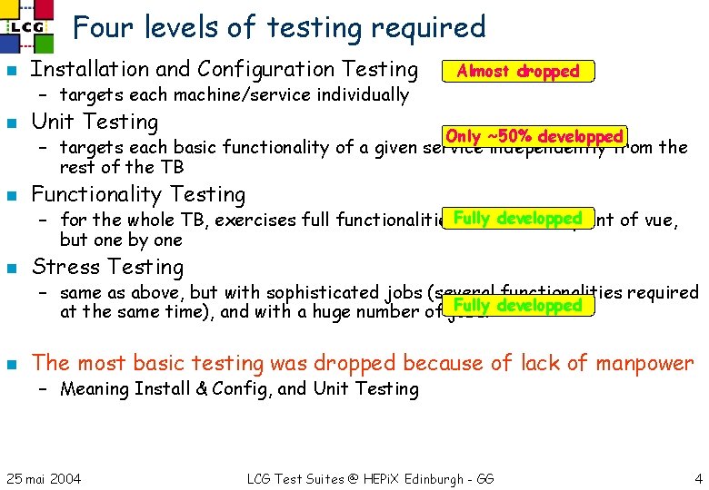 Four levels of testing required n Installation and Configuration Testing – targets each machine/service