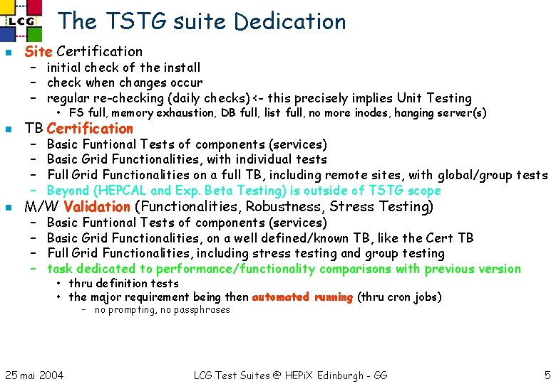 The TSTG suite Dedication n Site Certification – initial check of the install –