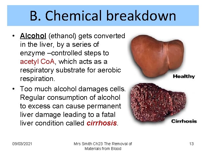 B. Chemical breakdown • Alcohol (ethanol) gets converted in the liver, by a series