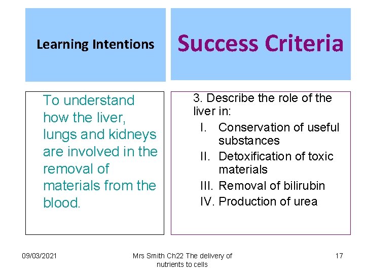 Learning Intentions To understand how the liver, lungs and kidneys are involved in the