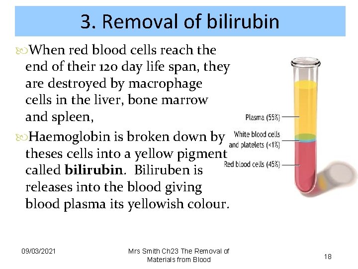 3. Removal of bilirubin When red blood cells reach the end of their 120