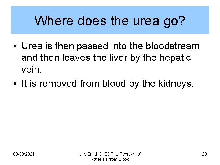 Where does the urea go? • Urea is then passed into the bloodstream and