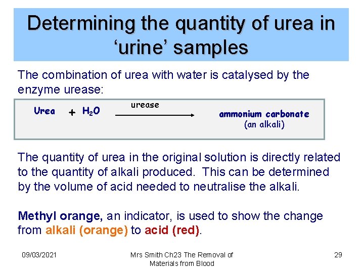 Determining the quantity of urea in ‘urine’ samples The combination of urea with water