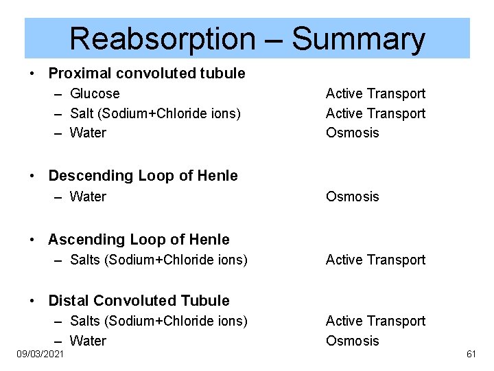 Reabsorption – Summary • Proximal convoluted tubule – Glucose – Salt (Sodium+Chloride ions) –