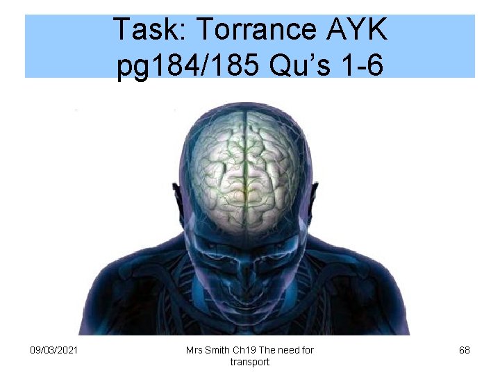 Task: Torrance AYK pg 184/185 Qu’s 1 -6 09/03/2021 Mrs Smith Ch 19 The