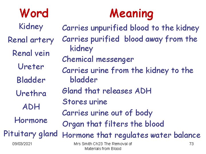 Word Meaning Kidney Carries unpurified blood to the kidney Renal artery Carries purified blood