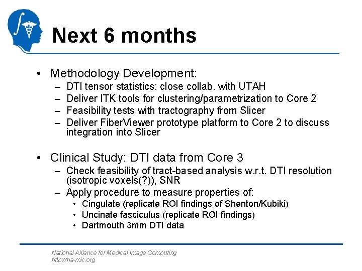 Next 6 months • Methodology Development: – – DTI tensor statistics: close collab. with