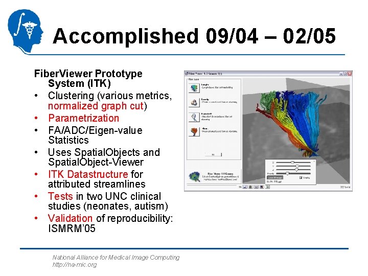 Accomplished 09/04 – 02/05 Fiber. Viewer Prototype System (ITK) • Clustering (various metrics, normalized